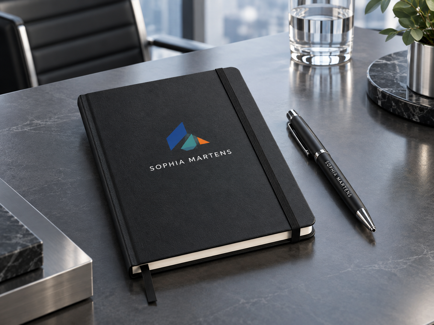 Black corporate notebook with a full-colour logo and the attendee name Sophia Martens in white