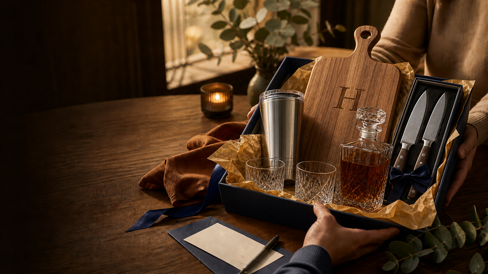 A warm Nivo4 corporate gift collection with whisky set, tumbler, knives and personalised board